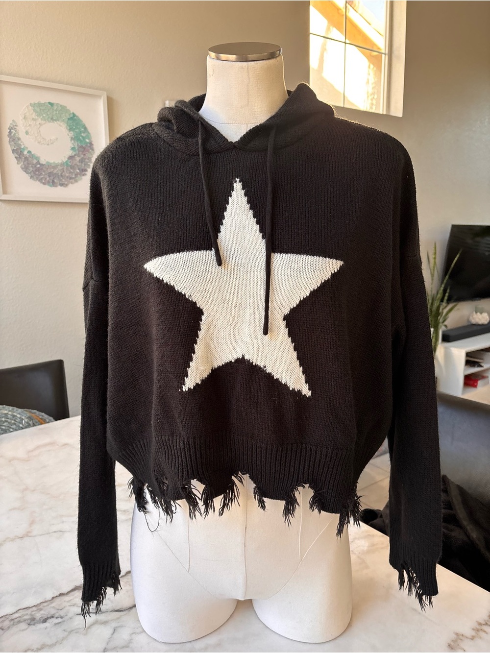 Women's Black Star Knit Hoodie Sweater - Distressed Hem